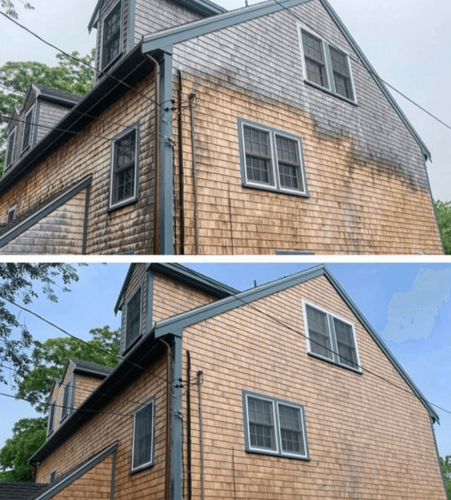 Before and after cedar shake siding cleaning showing gray weathered shingles restored to natural wood tone